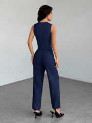 SHEIN PETITE Casual Sleeveless Open Front Vest And Relaxed Pants Set