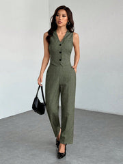 SHEIN PETITE Casual Sleeveless Open Front Vest And Relaxed Pants Set