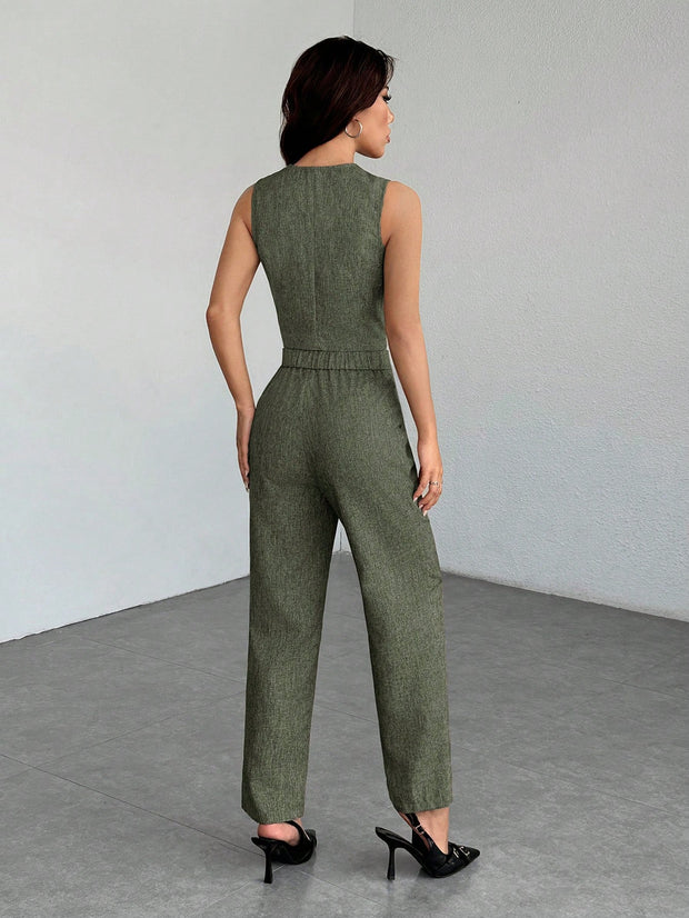 SHEIN PETITE Casual Sleeveless Open Front Vest And Relaxed Pants Set
