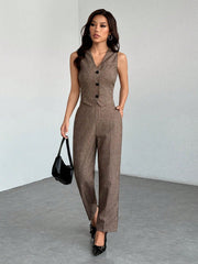 SHEIN PETITE Casual Sleeveless Open Front Vest And Relaxed Pants Set