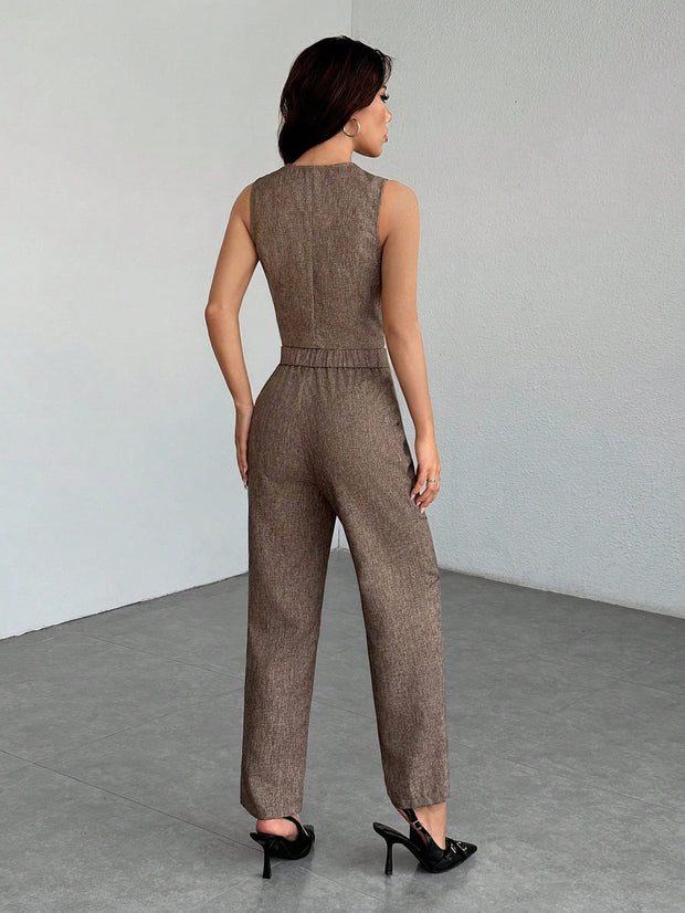 SHEIN PETITE Casual Sleeveless Open Front Vest And Relaxed Pants Set