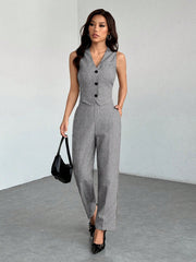 SHEIN PETITE Casual Sleeveless Open Front Vest And Relaxed Pants Set