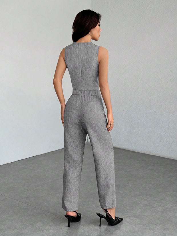 SHEIN PETITE Casual Sleeveless Open Front Vest And Relaxed Pants Set