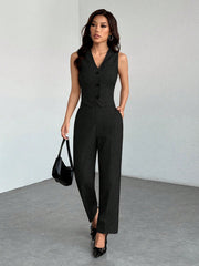 SHEIN PETITE Casual Sleeveless Open Front Vest And Relaxed Pants Set