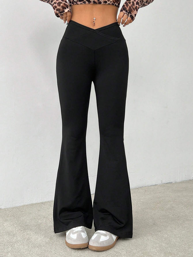SHEIN PETITE Simple Solid Color Wrap High Waist Flared Pants