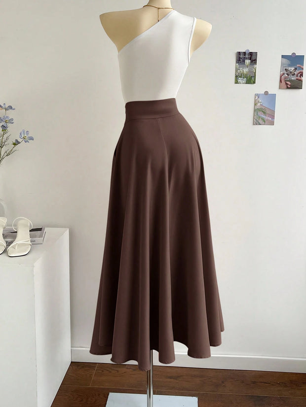 SHEIN Privé 2pcs/Set Women Asymmetrical Neck Top And Oversized A-Line Skirt