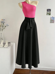 SHEIN Privé 2pcs/Set Women Asymmetrical Neck Top And Oversized A-Line Skirt