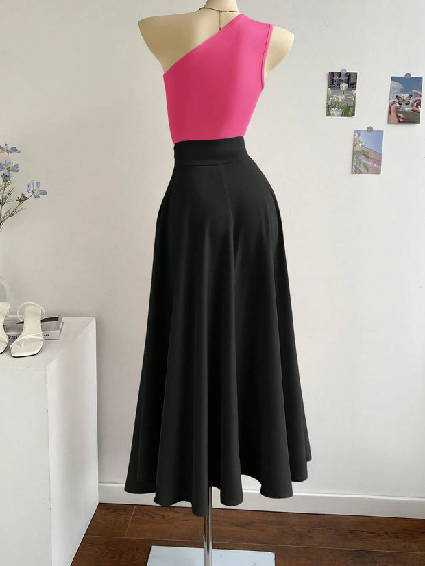SHEIN Privé 2pcs/Set Women Asymmetrical Neck Top And Oversized A-Line Skirt