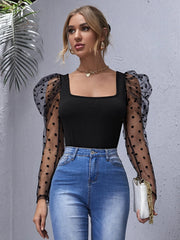 SHEIN Privé Black Flocked Polka Dot Mesh Gigot Sleeve Top