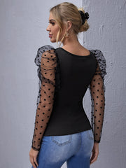 SHEIN Privé Black Flocked Polka Dot Mesh Gigot Sleeve Top