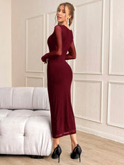 Firerie Women's Elegant Mesh Gathering Long Sleeve Dress