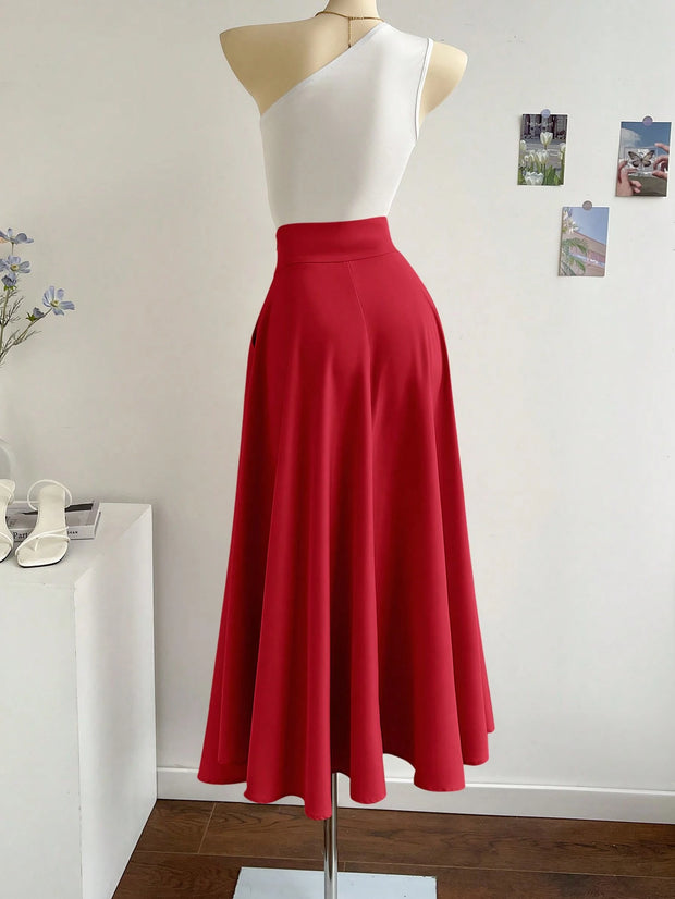 SHEIN Privé 2pcs/Set Women Asymmetrical Neck Top And Oversized A-Line Skirt
