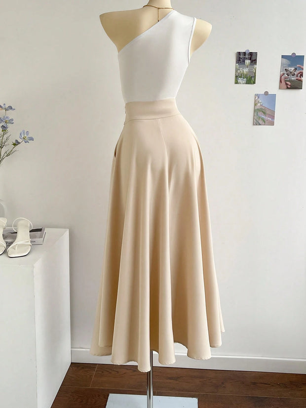 SHEIN Privé 2pcs/Set Women Asymmetrical Neck Top And Oversized A-Line Skirt