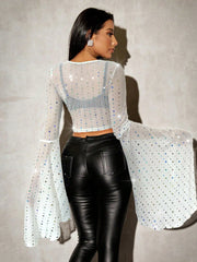 SHEIN SXY Casual Knitted Transparent Flare Sleeve Sparkling Sequin Short Top