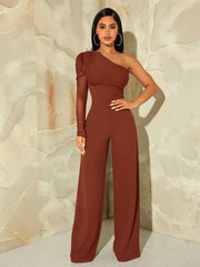 SHEIN SXY One Shoulder Contrast Mesh Puff Sleeve Wide Leg Jumpsuit
