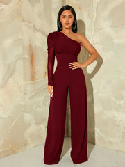 SHEIN SXY One Shoulder Contrast Mesh Puff Sleeve Wide Leg Jumpsuit