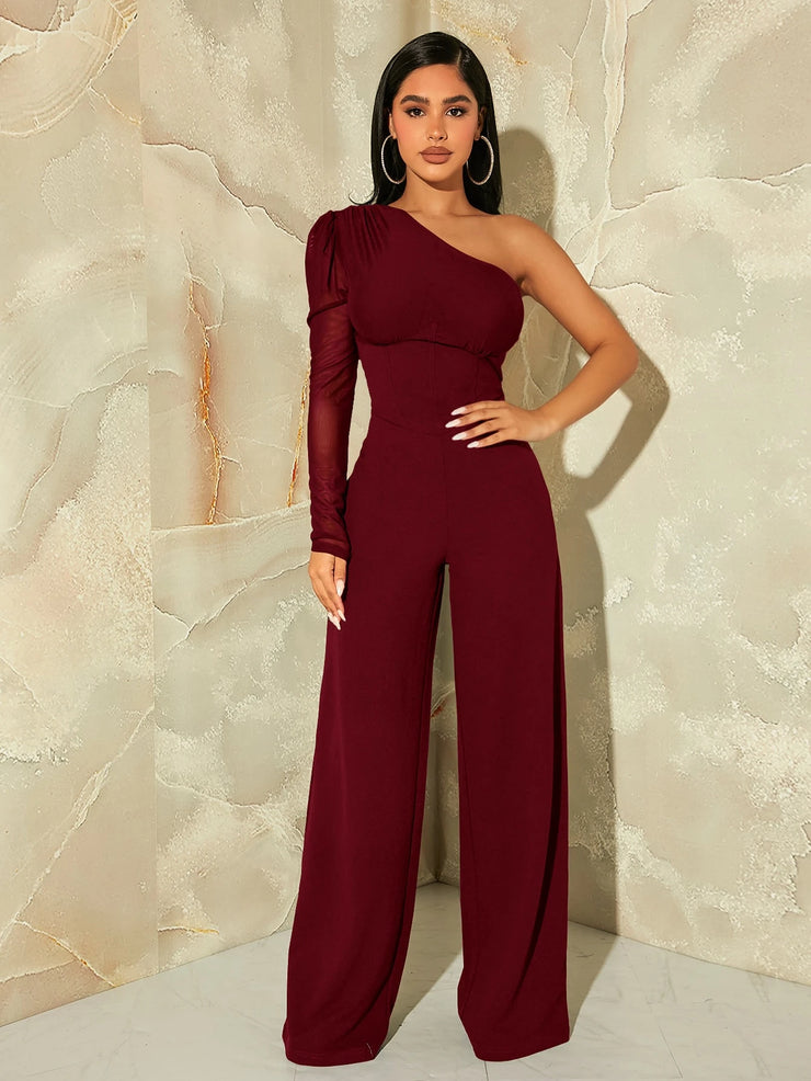 SHEIN SXY One Shoulder Contrast Mesh Puff Sleeve Jumpsuit