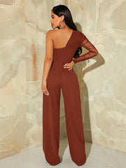 SHEIN SXY One Shoulder Contrast Mesh Puff Sleeve Wide Leg Jumpsuit