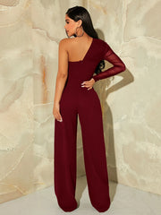 SHEIN SXY One Shoulder Contrast Mesh Puff Sleeve Wide Leg Jumpsuit