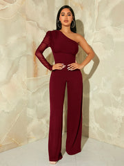 SHEIN SXY One Shoulder Contrast Mesh Puff Sleeve Jumpsuit