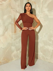 SHEIN SXY One Shoulder Contrast Mesh Puff Sleeve Jumpsuit