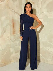 SHEIN SXY One Shoulder Contrast Mesh Puff Sleeve Wide Leg Jumpsuit