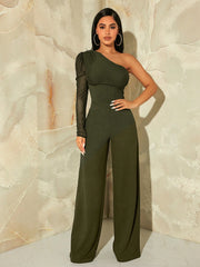 SHEIN SXY One Shoulder Contrast Mesh Puff Sleeve Wide Leg Jumpsuit