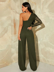 SHEIN SXY One Shoulder Contrast Mesh Puff Sleeve Wide Leg Jumpsuit