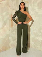SHEIN SXY One Shoulder Contrast Mesh Puff Sleeve Jumpsuit