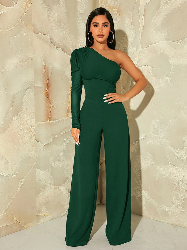 SHEIN SXY One Shoulder Contrast Mesh Puff Sleeve Jumpsuit