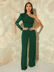 SHEIN SXY One Shoulder Contrast Mesh Puff Sleeve Jumpsuit