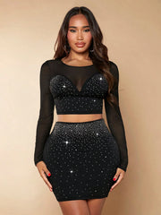 SHEIN SXY Rhinestone Mesh Insert Crop Top & Bodycon Skirt