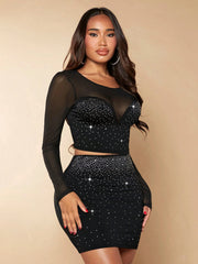 SHEIN SXY Rhinestone Mesh Insert Crop Top & Bodycon Skirt