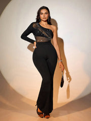 SHEIN SXY Sexy Party Rhinestone Decor Black One-Shoulder Jumpsuit