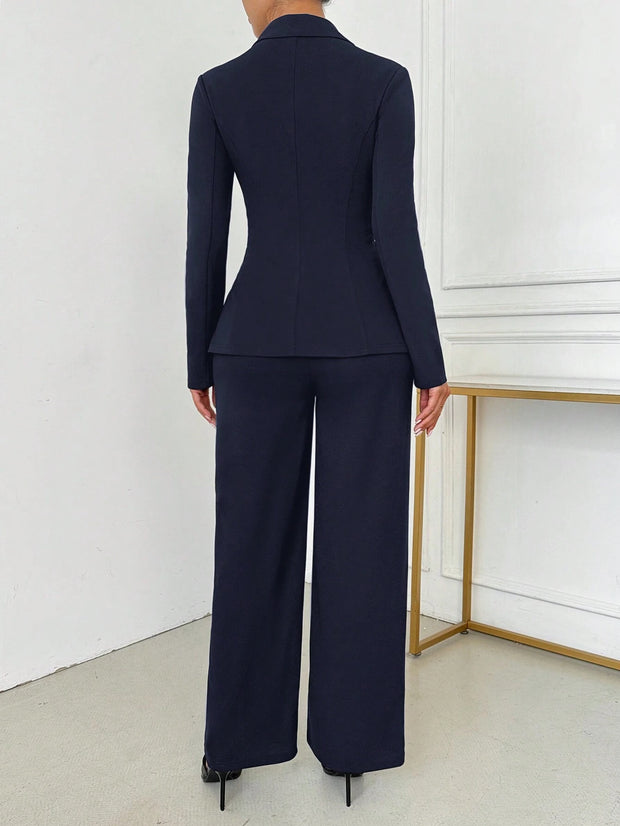 SHEIN SXY Women's Elegant Single-Breasted Notch Lapel Blazer Jacket And Pants Set Office Wear Women