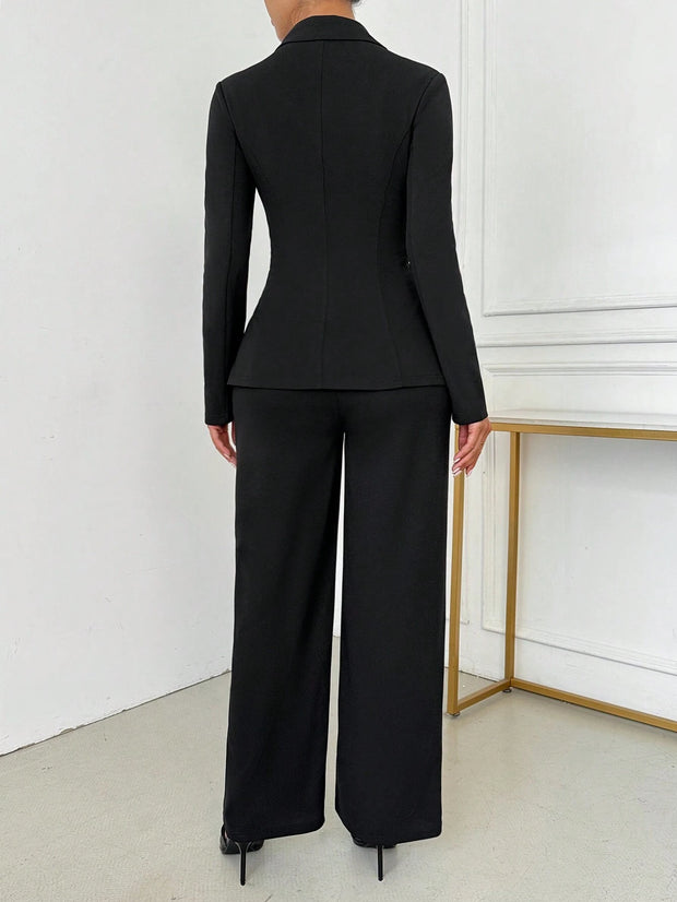 SHEIN SXY Women's Elegant Single-Breasted Notch Lapel Blazer Jacket And Pants Set Office Wear Women
