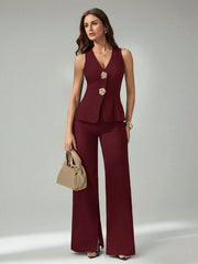 SHEIN Tall 2pcs Women Sleeveless Cardigan Vest And Casual Pants Set