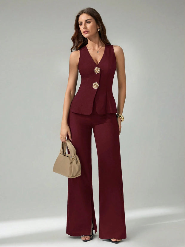 SHEIN Tall 2pcs Women Sleeveless Cardigan Vest And Casual Pants Set