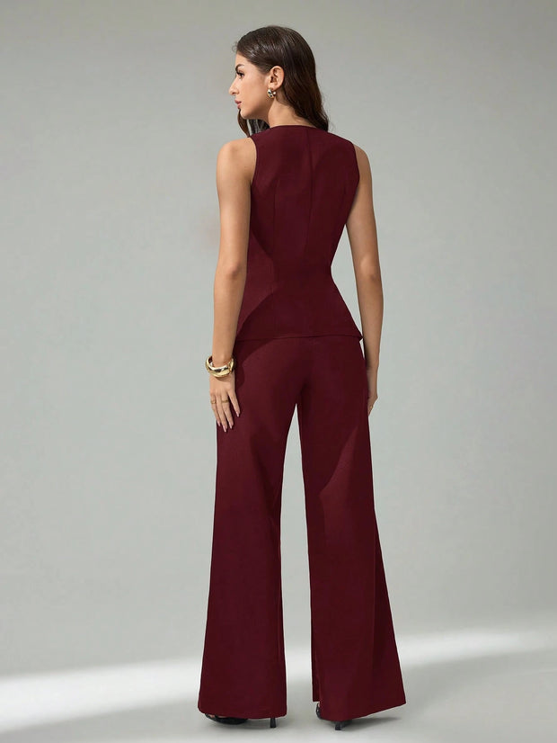 SHEIN Tall 2pcs Women Sleeveless Cardigan Vest And Casual Pants Set