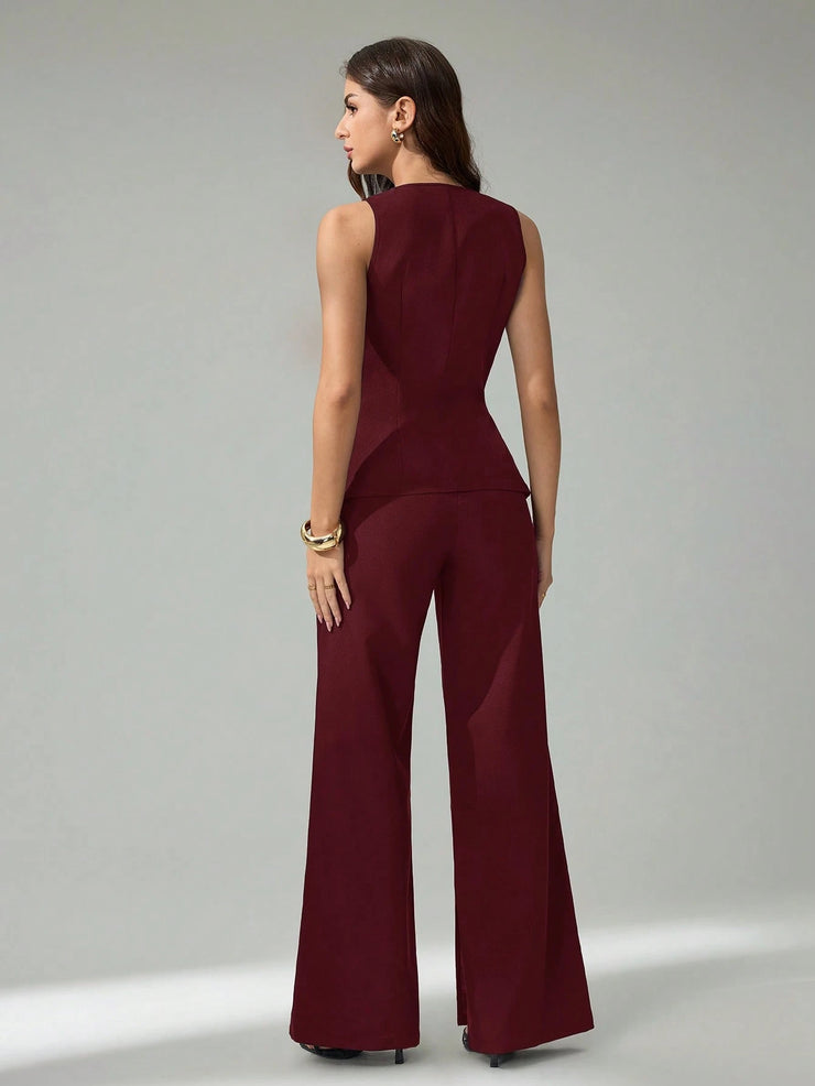 SHEIN Tall 2pcs Women Sleeveless Cardigan Vest And Casual Pants Set