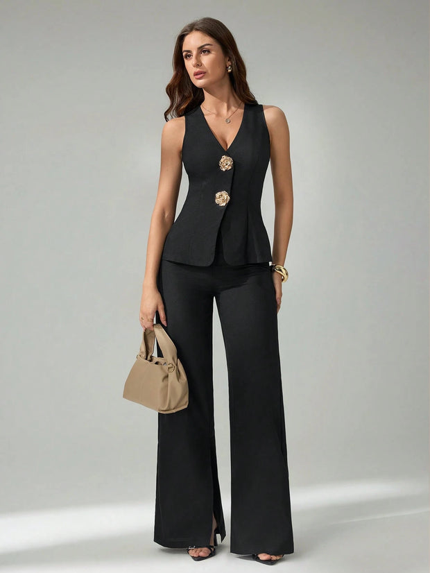 SHEIN Tall 2pcs Women Sleeveless Cardigan Vest And Casual Pants Set