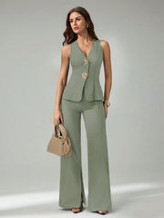 SHEIN Tall 2pcs Women Sleeveless Cardigan Vest And Casual Pants Set