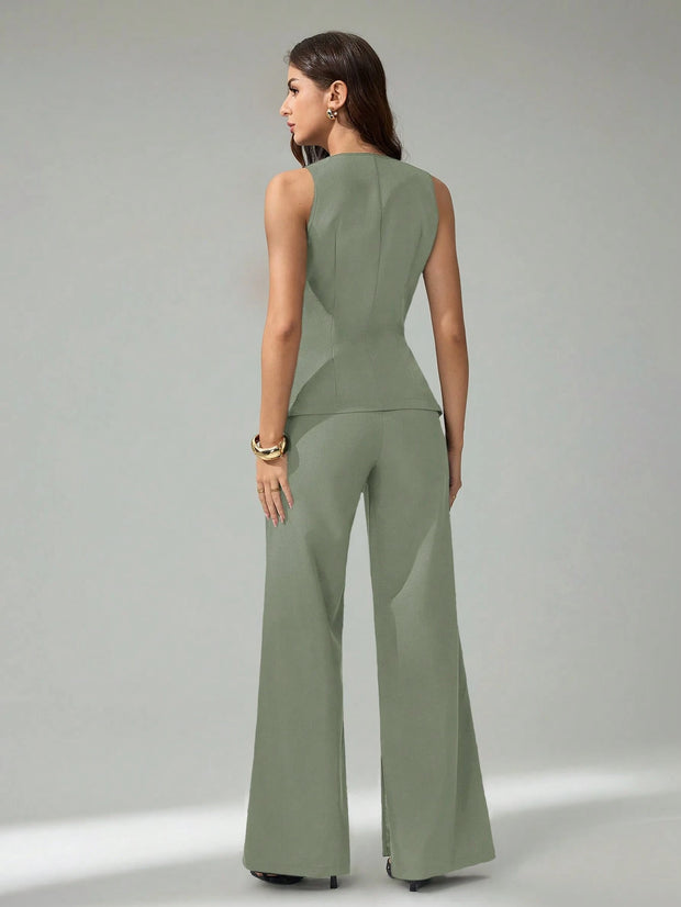 SHEIN Tall 2pcs Women Sleeveless Cardigan Vest And Casual Pants Set