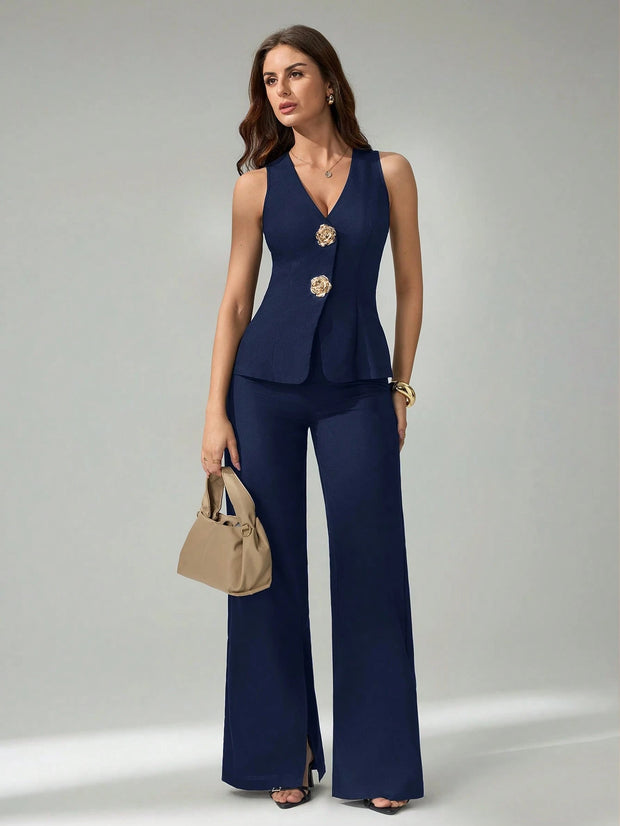 SHEIN Tall 2pcs Women Sleeveless Cardigan Vest And Casual Pants Set