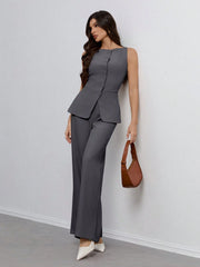 SHEIN Tall Women's Solid Color Round Neck Single-Breasted Vest And Pants Elegant Commuter Suit