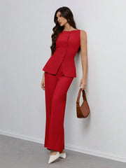 SHEIN Tall Women's Solid Color Round Neck Single-Breasted Vest And Pants Elegant Commuter Suit
