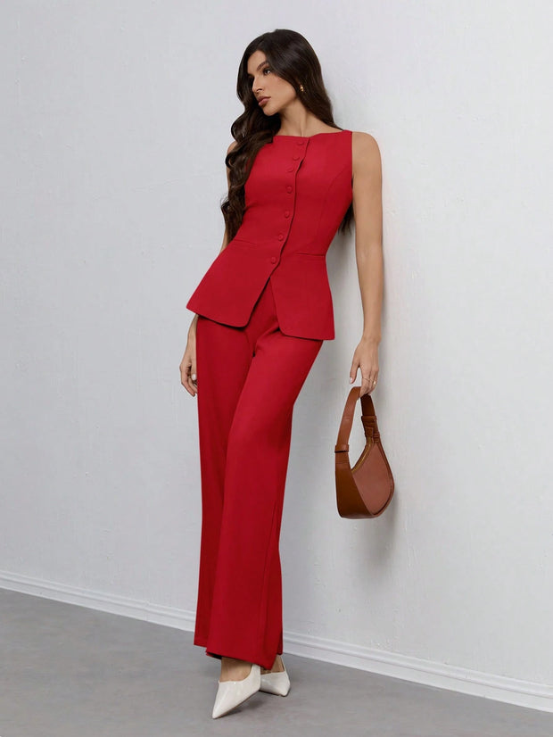 SHEIN Tall Women's Solid Color Round Neck Single-Breasted Vest And Pants Elegant Commuter Suit