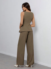 SHEIN Tall Women's Solid Color Round Neck Single-Breasted Vest And Pants Elegant Commuter Suit