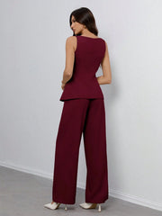SHEIN Tall Women's Solid Color Round Neck Single-Breasted Vest And Pants Elegant Commuter Suit