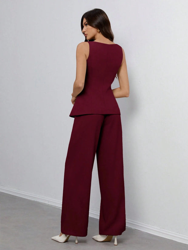 SHEIN Tall Women's Solid Color Round Neck Single-Breasted Vest And Pants Elegant Commuter Suit